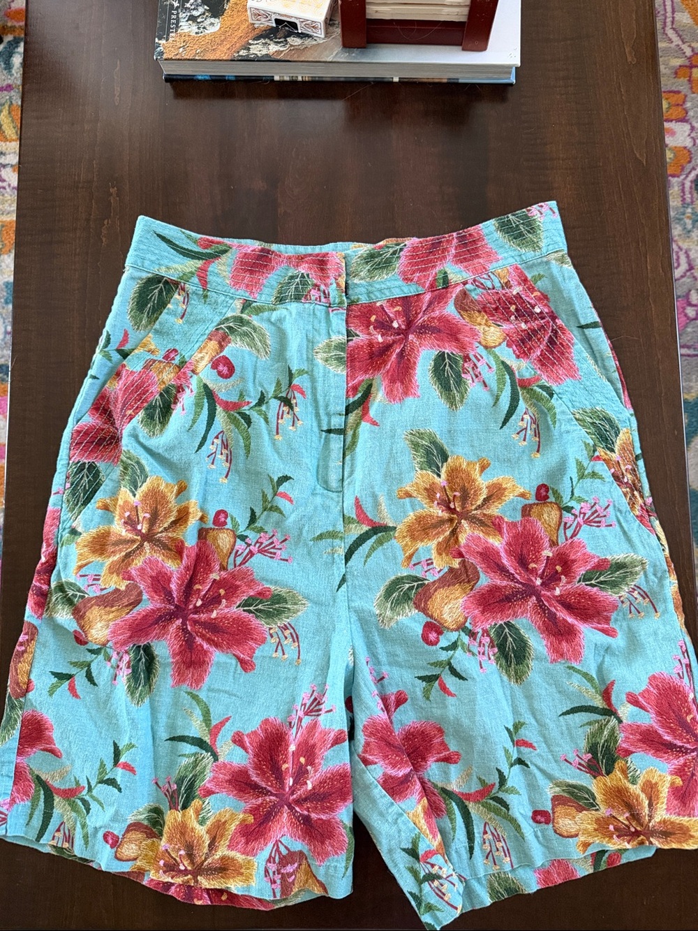 FARM Rio Aqua Floral High-Waist Shorts with Pink & Yellow Blooms